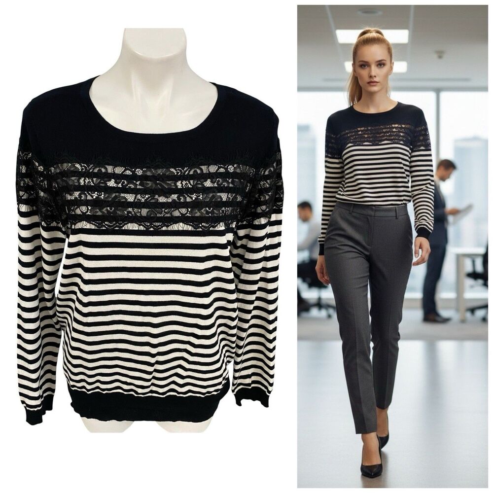 A&I Sweater Womens XL Black White Striped Lace Overlay Pullover Romantic Goth